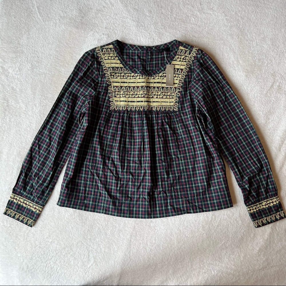 J. Crew Green/Red Plaid Gold Embroidered Long Sleeve Blouse Keyhole Button Back